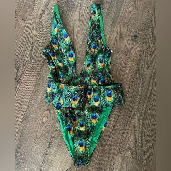 WeWoreWhat Palm Green Peacock Belted Plunge One Piece Size XS - Picture 4 of 4